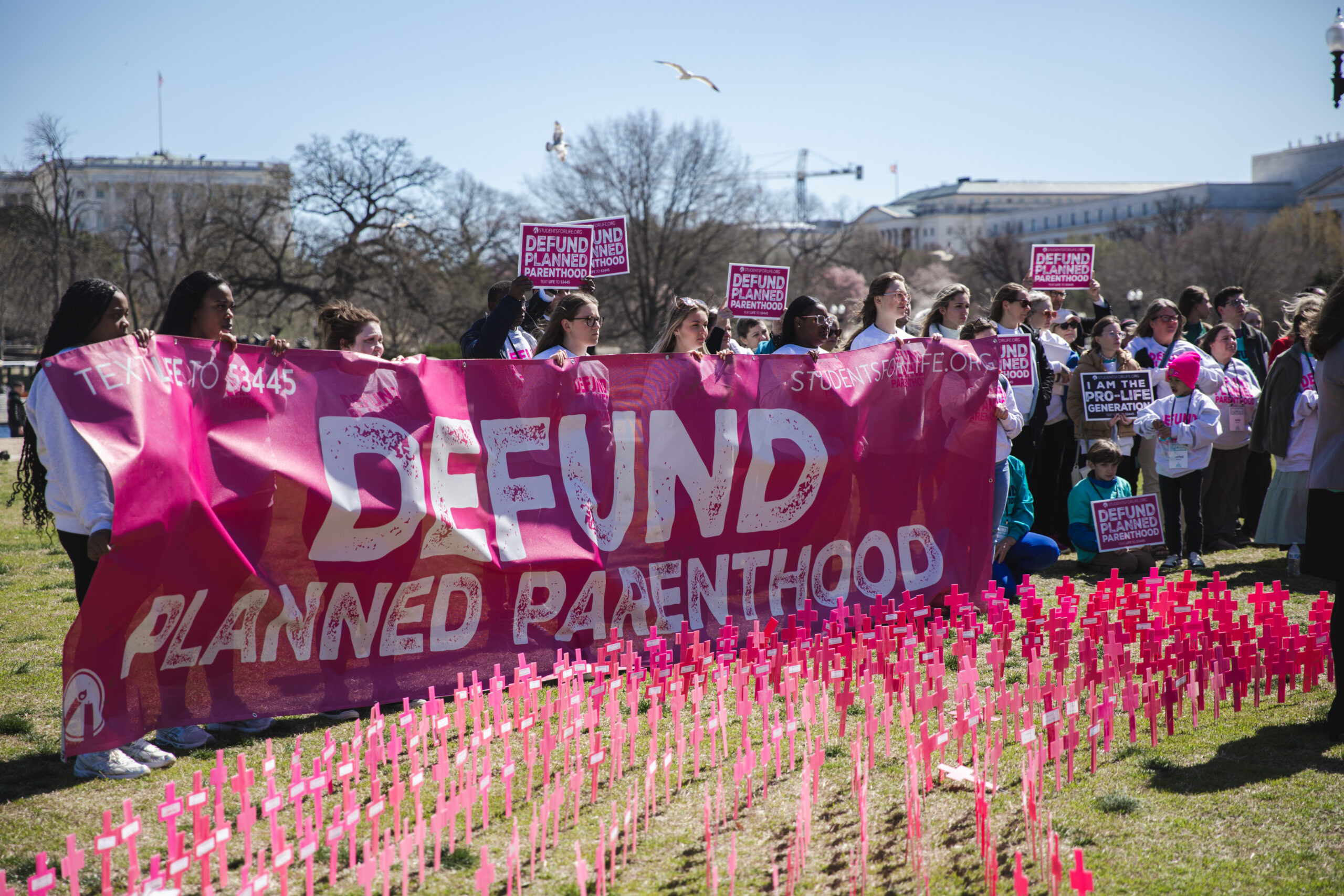Numerous people standing behind a banner that reads, "DEFUND."